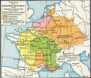 1886 map of the Frankish kingdom's jigsaw in 561 by Droysen/Andrée (G.Kaufmann rev). The Franks staked a claim over southwestern Gaul and a strip of Iberian land extending by the sea