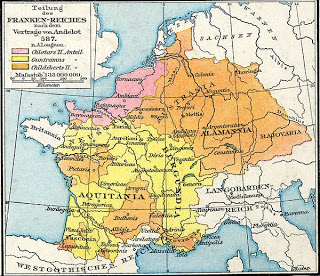 1886 map of the Frankish kingdom's jigsaw in 587 after the Treaty of Andelot, by Droysen/Andrée (G.Kaufmann rev). But for isolate expeditions to the Ebro valley, the last permanent Frankish strongholds were Bordeaux and Toulouse